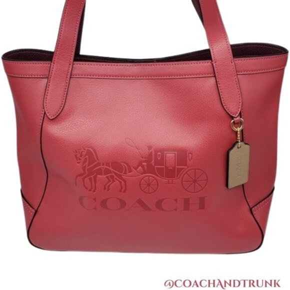 COACH Tote 27 Pebble Leather Poppy Red Embossed Horse and Carriage NWT - Picture 11 of 16